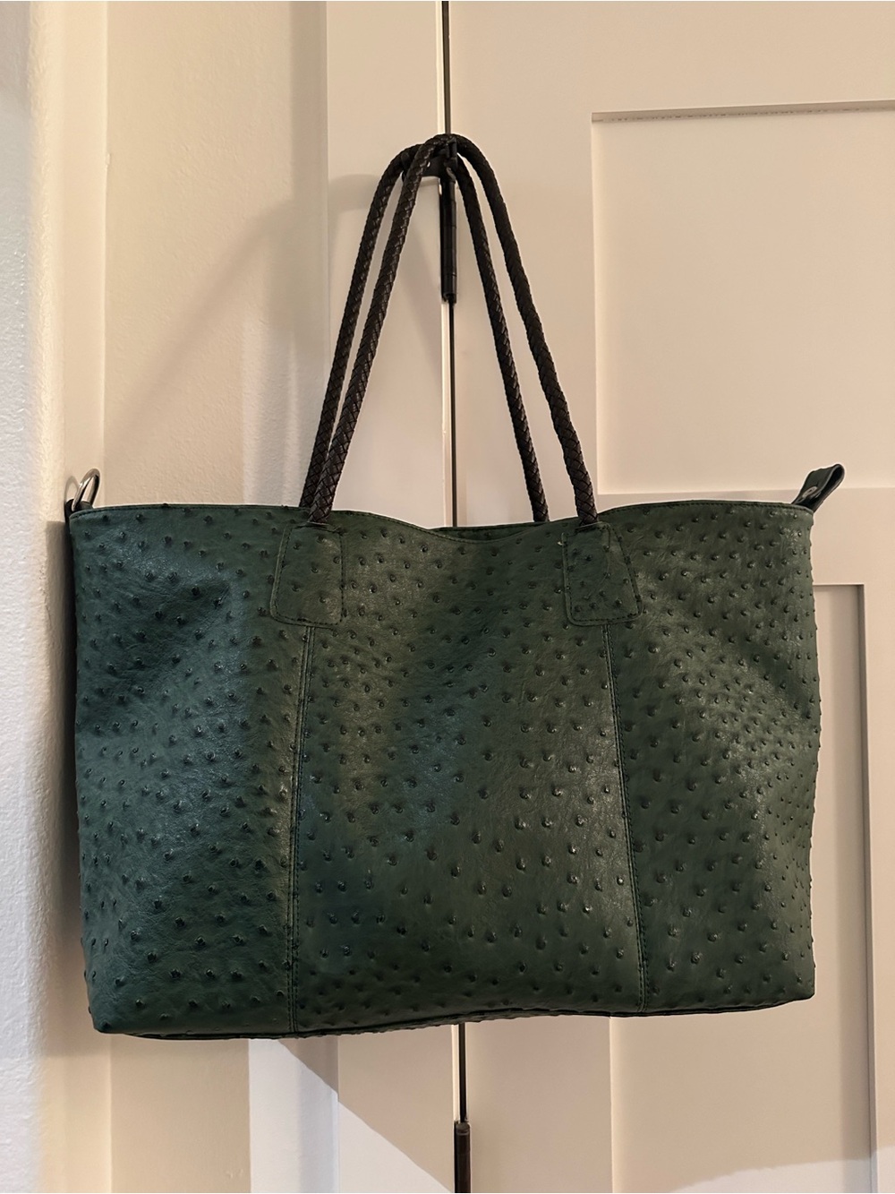 Vintage Large Faux Ostrich Forest Green Tote with Braided Handles